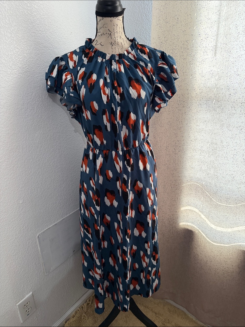 BloomChic Blue Patterned Midi Dress with Rust and White Accents